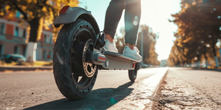 Person fährt auf einem E-Scooter durch die Stadt – Symbolbild für rechtliche Fragen zur Nutzung von E-Scootern im Straßenverkehr nach § 315d StGB.